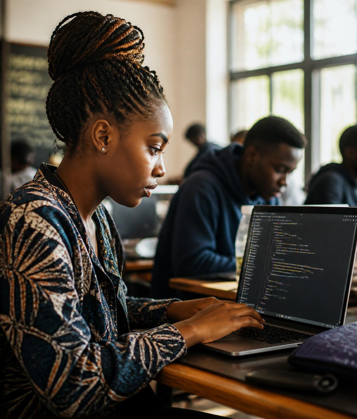Young African woman learning to code on a laptop in a bright classroom